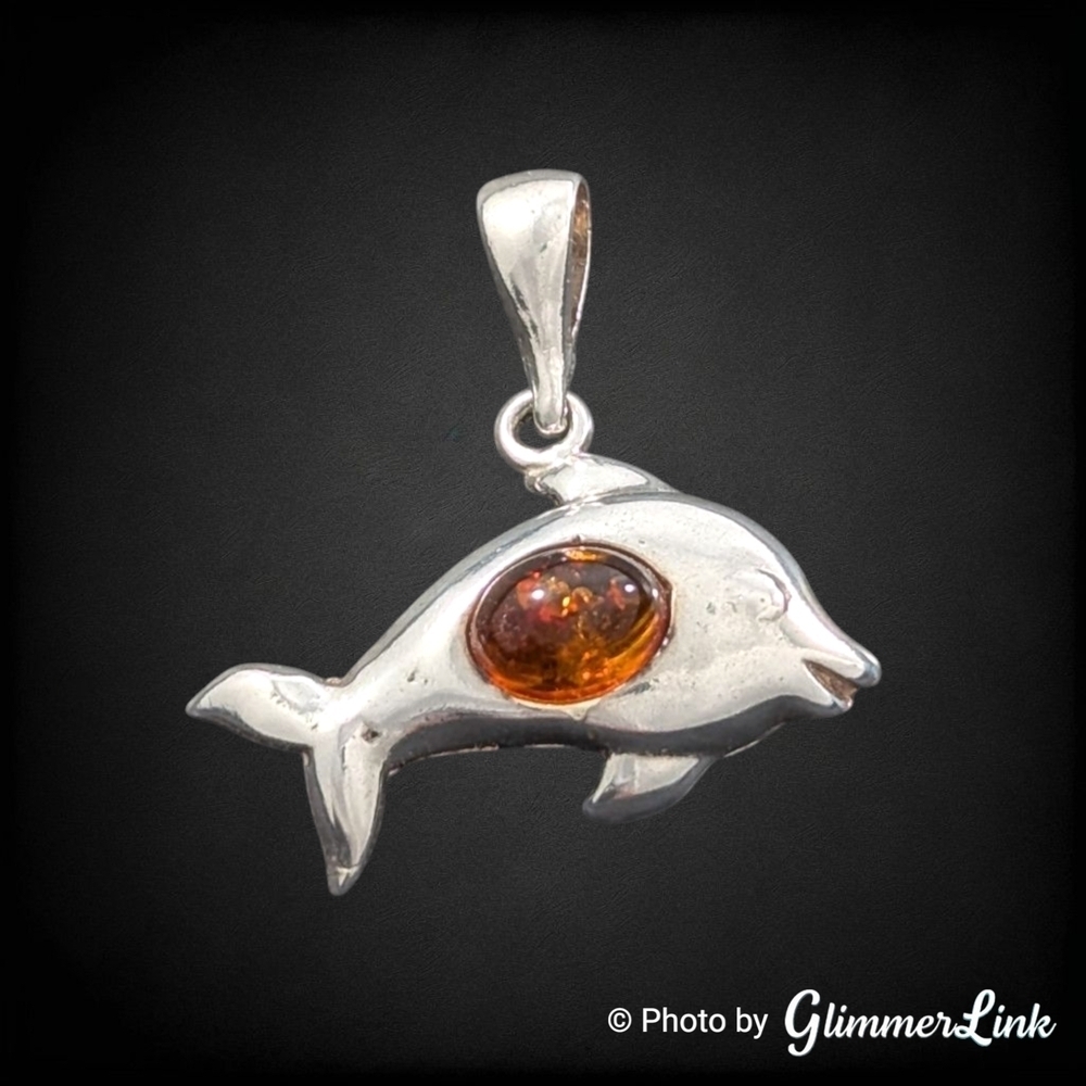925 Sterling Silver Dolphin Amber Cabochon Pendant